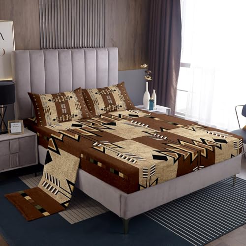 Feelyou Western Ethnic Tribal Sheet Set Full Size Kids Wild West Bed Sheets Set for Boys Girls Teens Boho Exotic Sheets with Deep Pocket Fitted Sheet Bohemian Bedding Set Brown Bed Set - color: Brown Black, size: Full