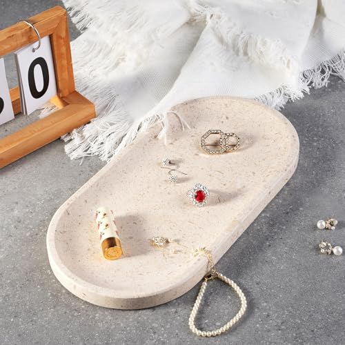 Koville Marble Vanity Tray for Decor, Natural Bathroom Tray for Bathroom Countertop, Stone Decorative Trays for Dresser Organizer, Storage Trays for Perfume, Jewelry Holder(Beige Yellow) - color: Moca Cream Media, size: 12" x 6" x 0.7"