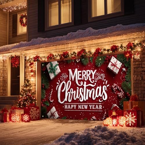 HOMETITUTE Christmas Garage Door Cover 13x6ft Merry Christmas Happy New Year Lettering Holiday Banner Red Green Gift Boxes Candy Canes Winter Backdrop Seasonal Wall Display Outdoor Indoor Party - color: Garage Banner#9