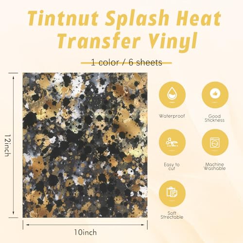 Tintnut Black Gold Splash Heat Transfer Vinyl - 6 Sheets 10"x12"Watercolor HTV Patterned HTV Iron On Vinyl for T-Shirts Hats Clothes - color: Black Gold-6pcs