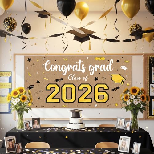 Feifeiya Kraft Paper Graduation Backdrop 2026-62" x 31" Large Brown Congrats Grad Banner Class of 2026 Black and Gold Grad Photography for Wall Graduation Party Classroom Decoration