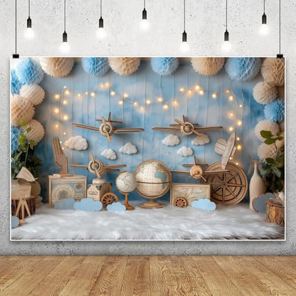 YongFoto Travel Adventure Aircraft Backdrop 5x3ft Cute Clouds Sky Airplane Photography Background Adventure Awaits Baby Shower Boy 1st 2nd Birthday Party Banner Kids Portraits Photoshoot Wallpaper - color: Style 6, size: 5ftx3ft