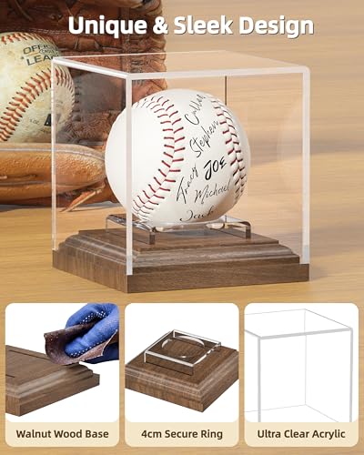 Baseball Display Case for Balls Walnut Wood Base Acrylic Baseball Holder Display Case Uv Protection Baseball Cube Box Stand Memorabilia Autograph Ball, Ideal Gift for Official Size Ball Display