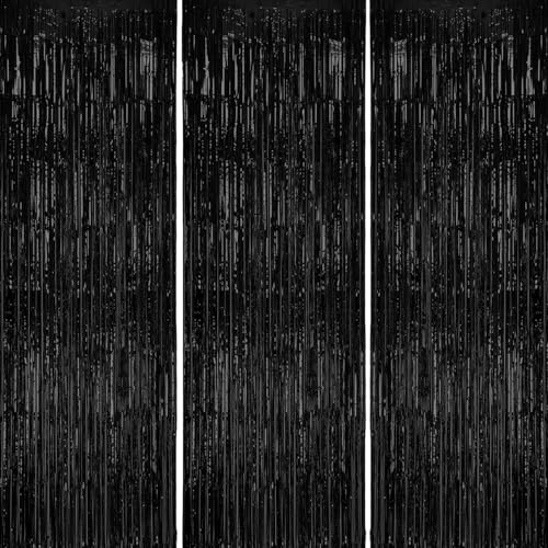 DECOCKRAT 3 Pack Foil Fringe Backdrop - Black Shiny Tinsel Curtains for Party Decoration/Photo Booth Props - 3.3x8.2 FT Metallic Foil Backdrop for Birthday, Wedding, Graduation, Christmas. - color: Black