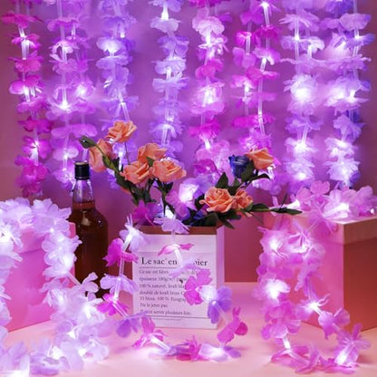 Sherr 24 Pcs LED Light Pink Purple Leis Light up Wedding Hawaiian Leis Flower Necklace with LED Lights Beach Tropical Carnival Party Wedding Supplies Luau for Masquerade - color: Multi Purple