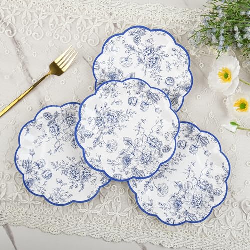24 Pcs Blue Floral Party Plates 7" Vintage Floral Leaf Disposable Paper Plates Wildflower Blue Toile Small Scalloped Dessert Plates for Birthday Bridal Garden Tea Time Party Supplies - color: Blue Floral