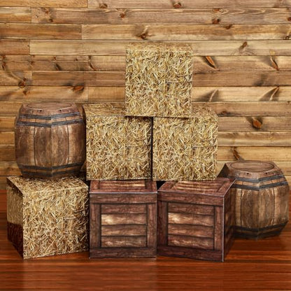 Threehoney 8 Pcs Western Cowboy Party Decorations 11.8 Inches Summer Halloween Hay Bales Boxes Decor Include Wood Grain Wine Barrel Boxes Hay Decoration for Pirate Farmhouse Western Themed Party