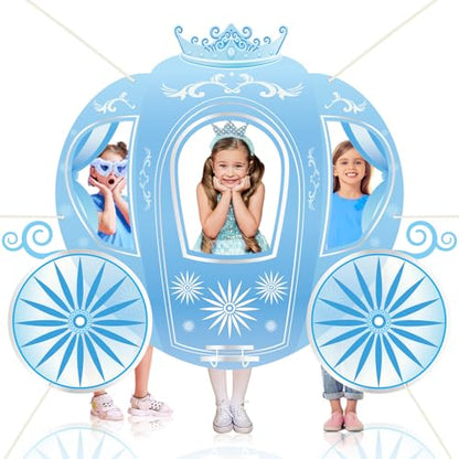 Snowflake Princess Carriage Photo Prop Background Winter Wonderland Selfie Frame Photography Blue Carriage Backdrop Banner 63" Fairy Tale Photo Booth for Winter Snow Holiday Birthday Party Decoration