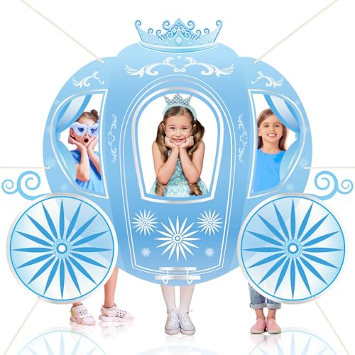 Snowflake Princess Carriage Photo Prop Background Winter Wonderland Selfie Frame Photography Blue Carriage Backdrop Banner 63" Fairy Tale Photo Booth for Winter Snow Holiday Birthday Party Decoration