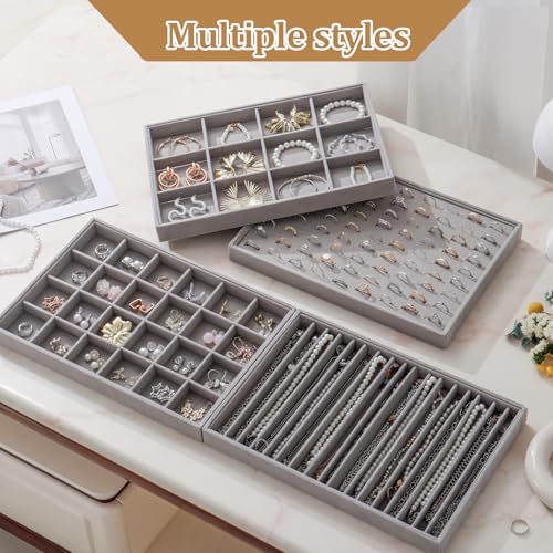 Large Velvet Jewelry Tray 2 Pack Stackable Jewelry Display Drawer Inserts Trays Organizer for Earring Bracelet Necklace Ring (Gray, 24 Grids) - color: Gray, size: 24 Grids