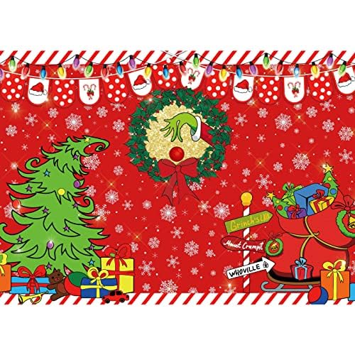 9x6ft Merry Grinchmas Backdrop Red Christmas Backdrop Xmas Tree Snow Winter Signpost Background for Christmas Family Party Photo Studio Prop - size: 9x6ft