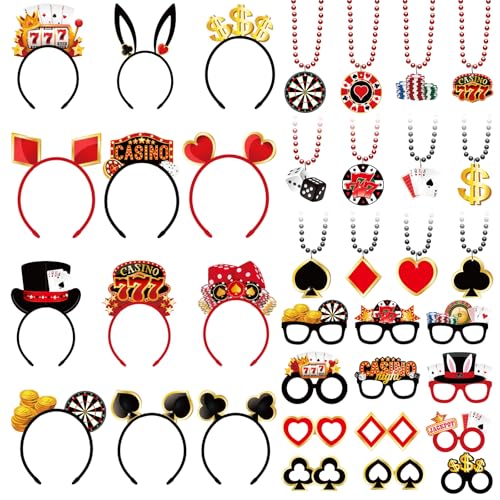 36 Pcs Casino Night Party Favors Casino Theme Felt Headband Eyeglasses Beaded Necklaces Dice Dollar Sign Poker Party Decorations Accessories for Las Vegas Game Night Decor Photo Prop Supplies - style: Casino