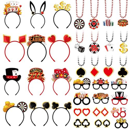 36 Pcs Casino Night Party Favors Casino Theme Felt Headband Eyeglasses Beaded Necklaces Dice Dollar Sign Poker Party Decorations Accessories for Las Vegas Game Night Decor Photo Prop Supplies - style: Casino