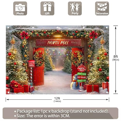 12x8ft Fabric Christmas Backdrop Winter Forest Wooden Barn Door North Pole Snowy Xmas Tree Photography Background Family Holiday Party Decor Photo Props - size: 12'x8'