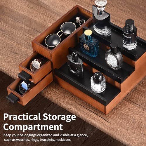 Perfume Stand Organizer for Men, 3 Tier Perfume Display Shelf with Velvet Lining Drawer and Hidden Compartment (Walnut Black - 2 Drawer) - style: 2 drawer - BlackWalnut