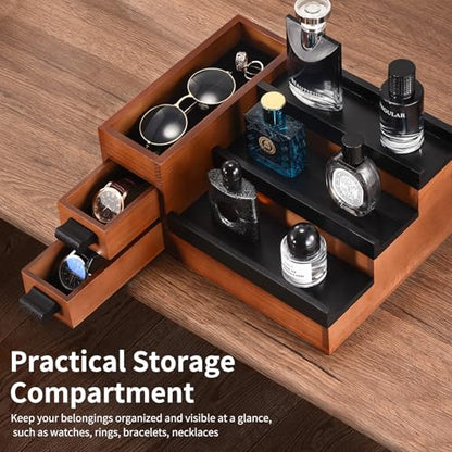 Perfume Stand Organizer for Men, 3 Tier Perfume Display Shelf with Velvet Lining Drawer and Hidden Compartment (Walnut Black - 2 Drawer) - style: 2 drawer - BlackWalnut