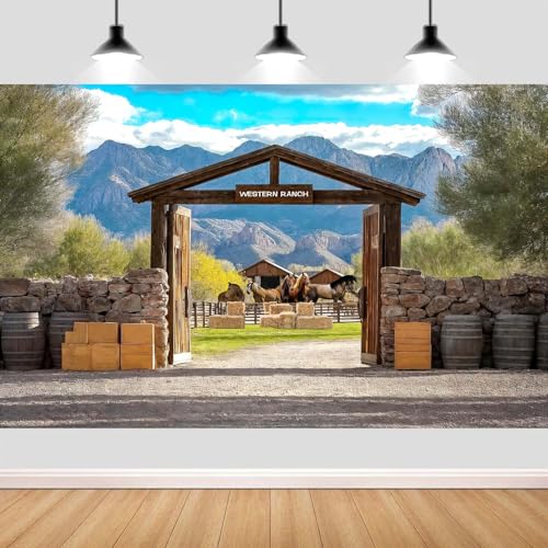 Wathon Southwest Country Ranch Backdrop for Photography Western Cowboy Photo Backdrop Retro Rustic Horses Mountain Texas Photo Background Booth Video Studio Props 6X4FT - color: Ranch Mountain, size: 6X4FT