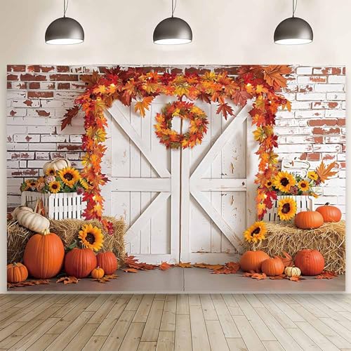 MEHOFOND 7x5ft Fall Thanksgiving Photography Backdrop Autumn Rustic Barn Wooden Door Brick Wall Background Pumpkin Maple Wreath Haystack Sunflower Harvest Party Decorations for Portrait Photo Props - size: 7x5ft