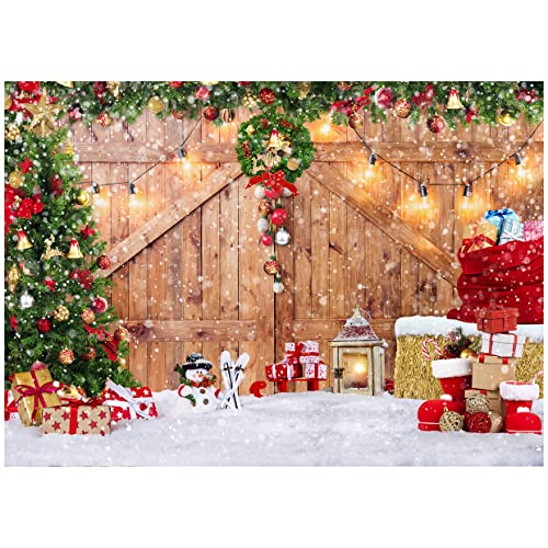 Rustic Christmas Barn Wood Door Backdrop for Photography Xmas Tree Snow Gift Wall Floor Party Photo Background Winter Holiday Family Supplies Banner Decoration Studio Props 12391 (8x6FT) - size: 8x6FT