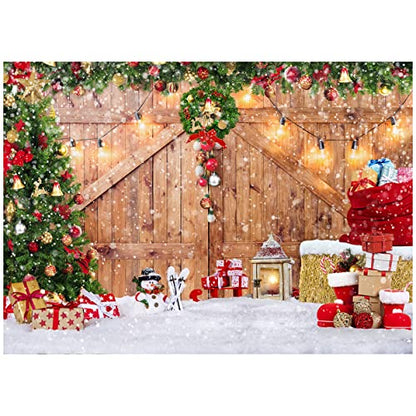 Rustic Christmas Barn Wood Door Backdrop for Photography Xmas Tree Snow Gift Wall Floor Party Photo Background Winter Holiday Family Supplies Banner Decoration Studio Props 12391 (8x6FT) - size: 8x6FT