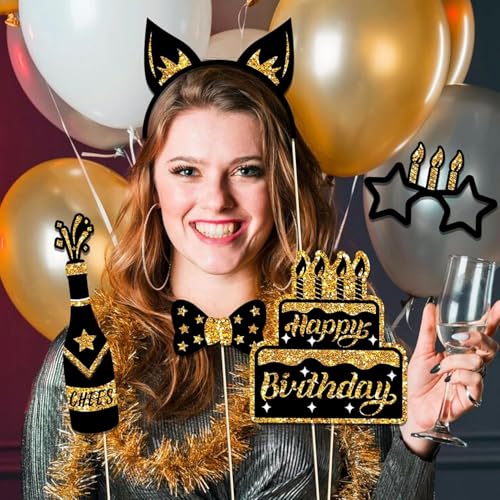 HARZHI Photo Booth Props Kit for Birthday Wedding Party Supplies Carnival Crazy Dance Decor Photobooth Funny Cute Holiday Selfie Supplies Masked Ball (36 Pcs Birthday)