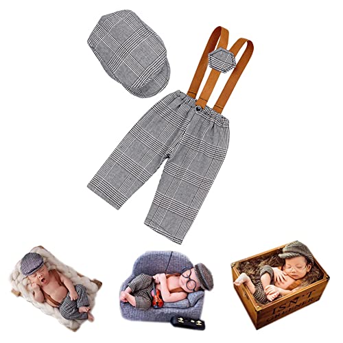 Newborn Monthly Baby Photo Props Stripe Checked Flat Cap Newsboy Suspender Pants Romper for Photography Outfits - color: Silver Gray