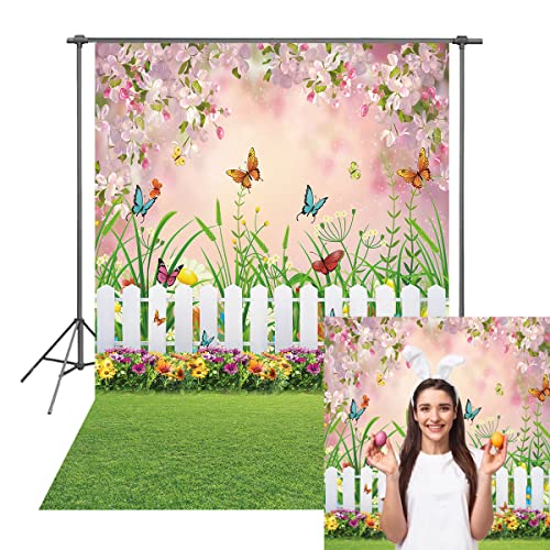 INRUI Spring Easter Garden Photography Backdrop Green Grass Lawn Floral Butterfly Fence Baby Shower Birthday Party Decorations Banner (5x7FT) - size: 5x7FT