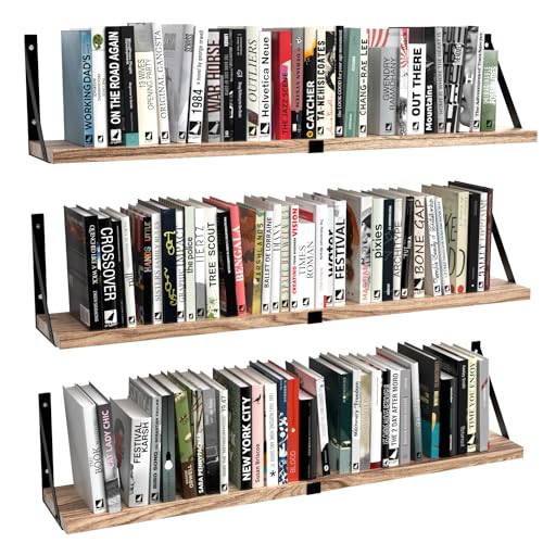 Floating Book Shelves Set of 3, Wall Bookshelf, 33 inch Long Wood Shelf for Wall Storage, Hanging Shelving for Bedroom, Bathroom, Living Room, Kitchen, Office and Plants (Light Brown) - color: Light Brown, size: 33Lx6W