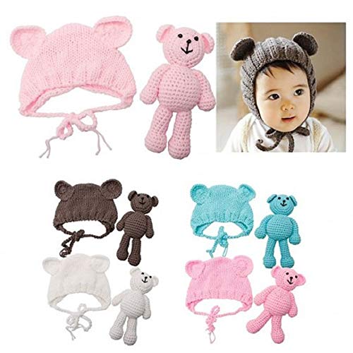 Newborn Baby Crochet Knit Costume Photography Prop Baby Bear Hat and Doll Set - color: Rose Pink