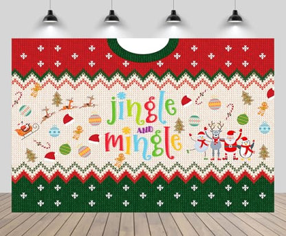 5x4ft Jingle and Mingle Backdrop Christmas Trees Santa Claus Xmas Balls Gingerbread Man Red Green Sweater Theme Background Xmas Eve New Year Party Decor Portrait Photo Booth Studio Props - size: 5x4FT