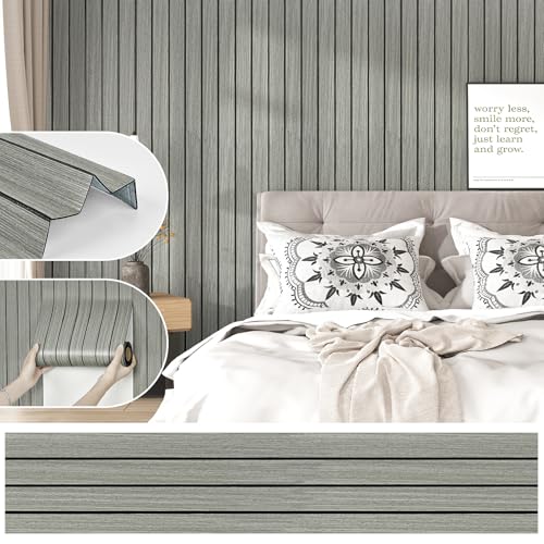 Wood Panels for Wall Acoustic Light Grey 3D Wood Slat Wall Panel Vintage Self Adhesive Shiplap Peel and Stick Wallpaper Flexible Woodgrain Wallpaper for TV Backdrop Bedroom Cabinets Liner - size: 11.8"x118"