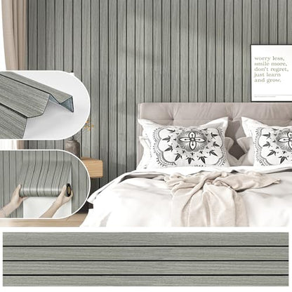 3D Acoustic Wood Wall Panels Light Grey Stick on Wood Panels for Walls 11.8"x196" Flexible Modern Wooden Slat Paneling Nature Wallpaper for Bedroom Living Room Cabinet Covers Liner Ceiling - size: 11.8"x196"
