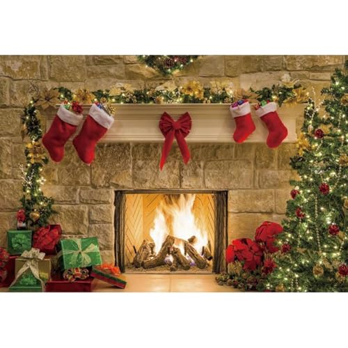 10x8ft Christmas Fireplaces Backdrop Marble Fireplace Blazing Flames Christmas Tree Stockings Photography Background Family Party Kids Adult Portraits Decor Banner Studio Photo Props - size: 10x8ft-polyester