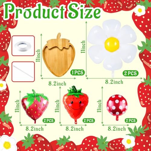 Wooden Strawberry Charcuterie Board with 6 Pack Giant Daisy Strawberry Balloons for Berry First Birthday Party Decor, Fillable Fruits Serving Trays for Baby Shower Supplies - color: Wooden Strawberry With Strawberry Balloons