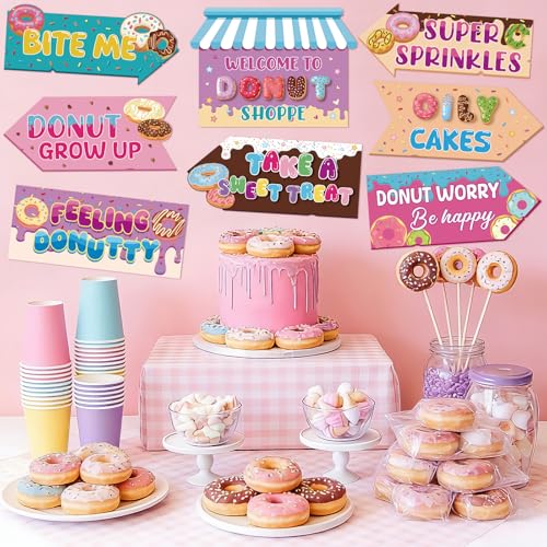 Hooqict 20 Pieces Doughnut Party Sign Welcome to Donut Party Directional Signs for Kids Girls Sweet Donut Themed Birthday Decorations Supplies - style: Doughnut