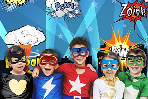 Superheroes Theme Party Photography Backdrop with Prop, Flag & Mask. Super Hero Cityscape Photo Booth Background for Kids Party, Birthday Wall Decorations - size: 4.5*6.1 feet
