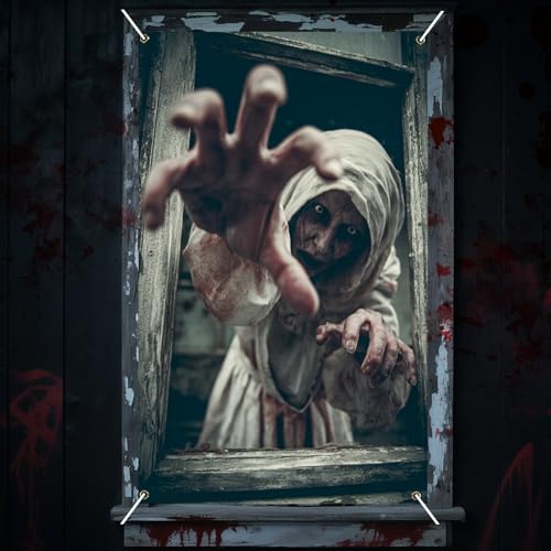 Nuxovilar Halloween Window Decorations, Hooded Horror Clawing Through Halloween Window Cover for Indoor, Party, Haunted House, 31.5x47.3 Inches - color: CU00908