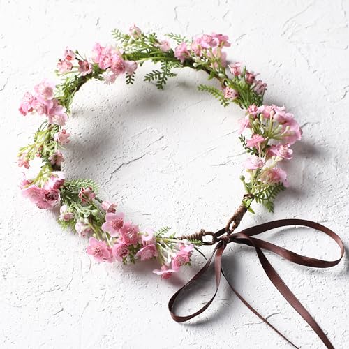 Pink Bohemian Flower Crown - Pink Babys Breath Flower Headband with Green Leaf Bohemian Floral Headpiece Hair Wreath for Women Wedding Halloween Christmas - color: Light Pink