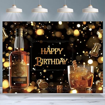 Whiskey Happy Birthday Backdrop Black Gold Glitter Bokeh Background Aged to Perfection Whiskey Birthday Party Decorations Men Supplies Vinyl Photo Booth Prop Cheer Table Decor Banner-8 * 6ft
