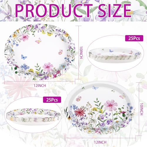 50Pcs Wildflower Oval Paper Plates 10" x 12" Heavy Duty Disposable Watercolor Flowers Butterfly Party Plates Spring Floral Dessert Platters for Wedding Baby Shower Birthday Picnic Tea Party Supplies - style: 50Pcs Wildflower Oval Paper Plates