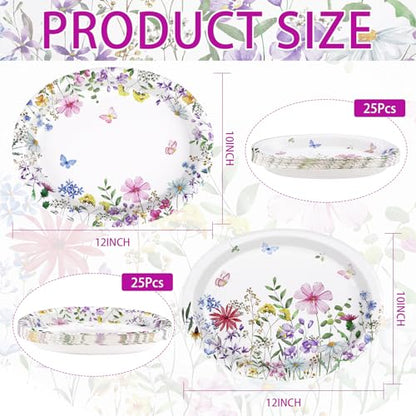50Pcs Wildflower Oval Paper Plates 10" x 12" Heavy Duty Disposable Watercolor Flowers Butterfly Party Plates Spring Floral Dessert Platters for Wedding Baby Shower Birthday Picnic Tea Party Supplies - style: 50Pcs Wildflower Oval Paper Plates