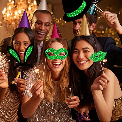 Zonon 24 Pcs Funny Photo Booth Props Class of 2026 Graduation Birthday Wedding Family Class Reunion Prom Disco Party Celebration Decoration Supplies Mix of Hats, Lipstick, Tie(Green and Black) - color: Green and Black