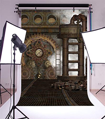5x7ft Polyester Antique Vintage Rusty Steampunk Backdrop Industrial Gear Metal Clock Old Metal Gearwheel Photography Background Steam Machine Nostalgia Iron Chain Pipelines YouTube Photo Props - color: Black 10452, size: 5x7ft-Polyester