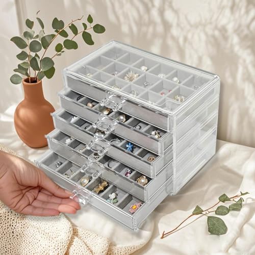 Acrylic Earring Holder Organizer with 5 Drawers Clear Earring Organizer Box with 90 Adjustable Grids Velvet Earring Display Case Jewelry Organizer for Earrings Rings Studs (Grey) - color: Grey