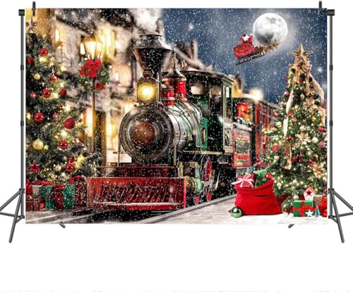 Mocsicka Christmas Train Backdrop Winter Town Snow Railway Xmas Tree Photography Background Winter Xmas Eve New Year Family Party Decor Photo Booth Studio Props (10x8ft (120x96 inch)) - size: 10x8ft (120x96 inch)