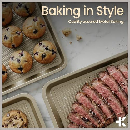 BAKKEN Kitchen Baking Pans - Nonstick White Coating, 13.58’’ × 9.65’’ Commercial Grade Carbon Steel Cookie Sheet, Diamond Texture Bottom, PFOA, PFOS, PTFE Free, Oven Safe Tray (450°F), White Marble - color: Gold, size: Pack of 1