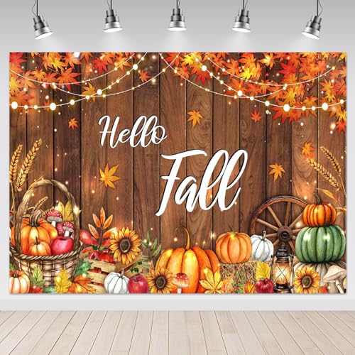 Mocsicka Hello Fall Backdrop Banner Fall Thanksgiving Photography Backdrop Rustic Wooden Door Autumn Pumpkin Harvest Baby Shower Decorations Photo Booth Props (8x6ft (96x72 inch)) - size: 8x6ft (96x72 inch)