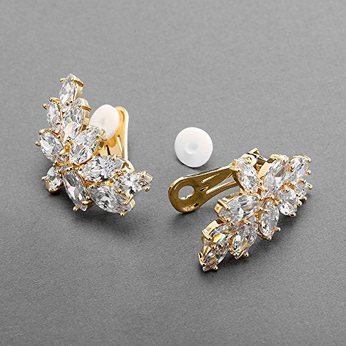 Mariell Clip-On Cubic Zirconia Crystal Bridal Earrings, Marquise Shape CZ Curved Clusters, Women Earrings for Wedding, Bridesmaids, Homecoming, Mother of the Bride - color: Gold Clip On