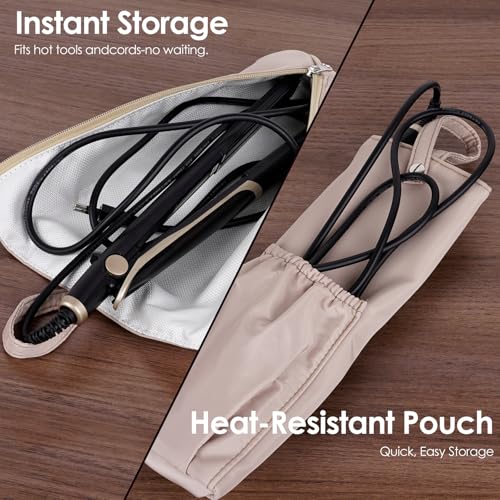 Heat-Proof Travel Pouch for Straighteners and Curling Wand, Waterproof Hanging Organizer with Zipper Closure, Salon Tools Bag with Extra Storage Pocket and Snap Strap (Khaki)