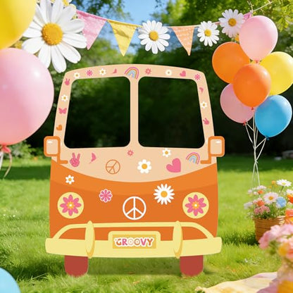 Hippie Bus Cardboard Cutout, Large 39.76 x 47.24 in Groovy Party Decoration, Retro 60s 70s Hippie Selfie Frame Photo Booth Prop, Daisy Van Life-Size Backdrop for Groovy Hippie Boho Party Favor